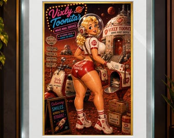 Vixly Toonita's Mars Mail Service - Gold Edition, Digital Art, Retro Pin-Up Printable Wall Art