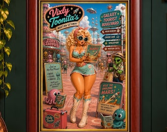 Vixly Toonita's Martian Getaway - Gold Edition, Digital Art, Retro Pin-Up Printable Wall Art
