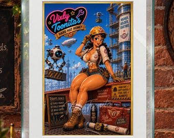 Vixly Toonita's Hard Hat Honey - Gold Edition, Digital Art, Retro Pin-Up Printable Wall Art