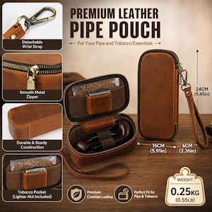 Puede incluir: Una funda de cuero marr&oacute;n para pipa con correa de mu&ntilde;eca desmontable y cremallera met&aacute;lica lisa. La funda mide 24 cm de alto, 15 cm de ancho y 6 cm de profundidad. Cuenta con un bolsillo para tabaco y est&aacute; hecha de cuero de vaca de primera calidad.