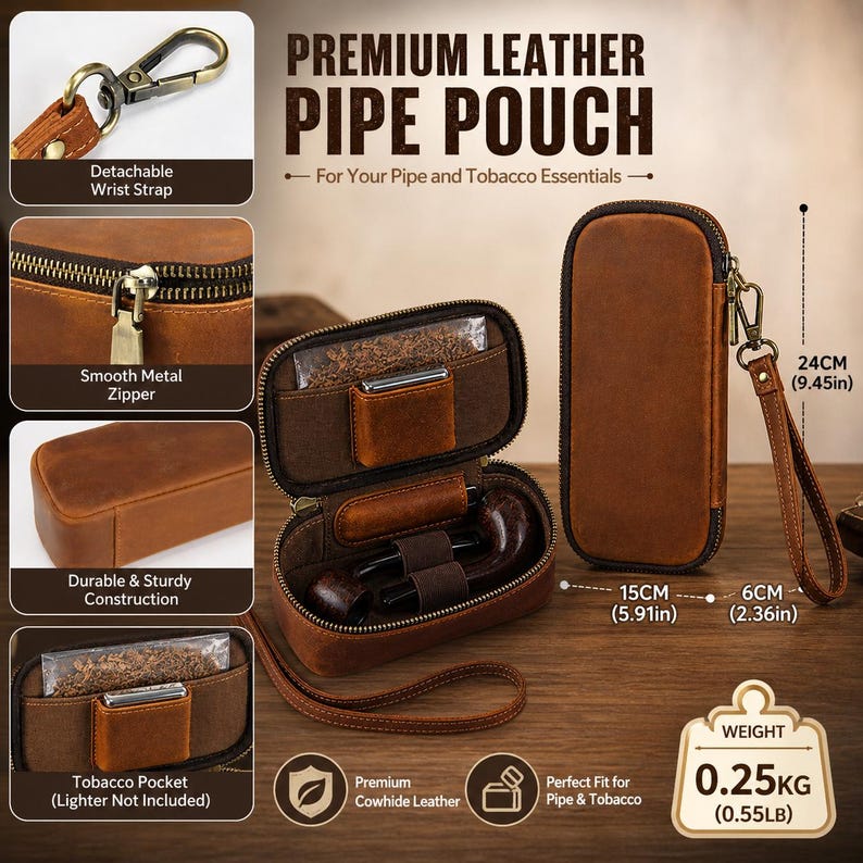 Puede incluir: Una funda de cuero marr&oacute;n para pipa con correa de mu&ntilde;eca desmontable y cremallera met&aacute;lica lisa. La funda mide 24 cm de alto, 15 cm de ancho y 6 cm de profundidad. Cuenta con un bolsillo para tabaco y est&aacute; hecha de cuero de vaca de primera calidad.