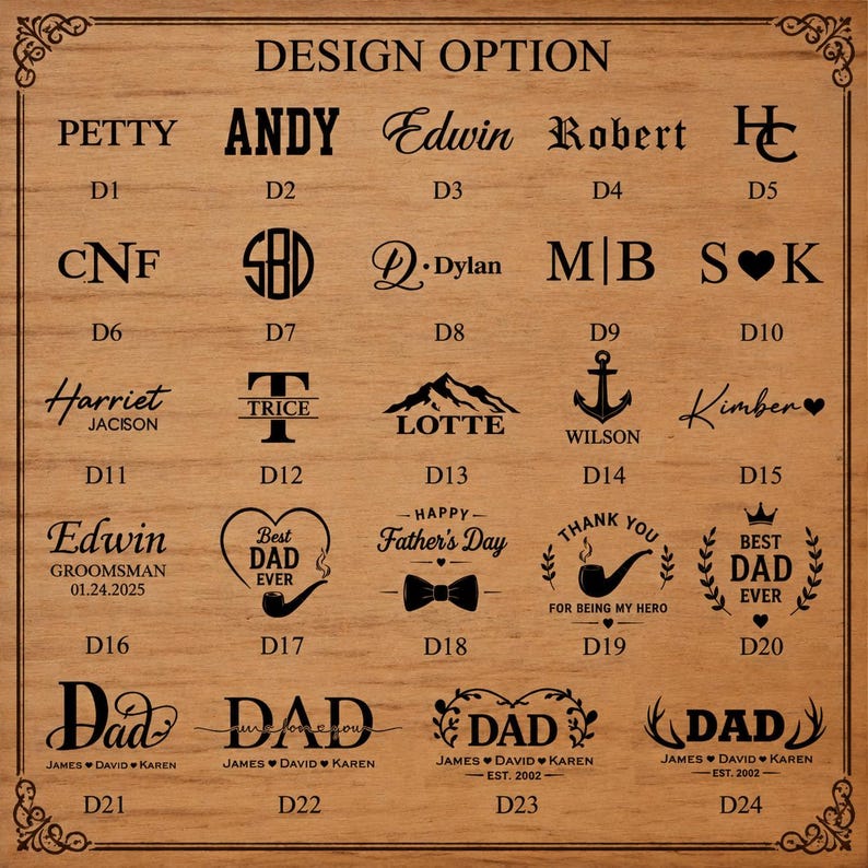 Puede incluir: Un letrero de madera que presenta varias opciones de dise&ntilde;o para la personalizaci&oacute;n. Los dise&ntilde;os incluyen nombres, iniciales y frases como "Feliz D&iacute;a del Padre" y "Mejor pap&aacute; de todos". El letrero es de color marr&oacute;n c&aacute;lido con texto negro.