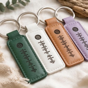 Puede incluir: Cuatro llaveros de cuero en verde, blanco, marrón y morado. Cada llavero tiene un anillo plateado y un código y logotipo de Spotify en negro. Los llaveros son rectangulares con bordes redondeados.