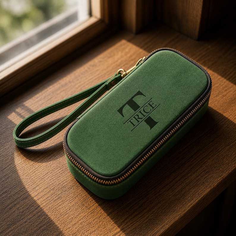 Puede incluir: Un estuche verde con cremallera y correa de mu&ntilde;eca, con el nombre "TRICE" en negro. El estuche tiene una cremallera y herrajes dorados. El estuche est&aacute; sobre una superficie de madera.