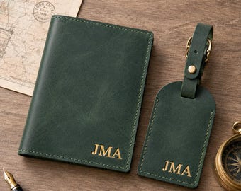 Personalized Leather Passport Holder & Luggage Tag Set, Custom Monogram Travel Gift, Full Grain Leather Travel Gift Set