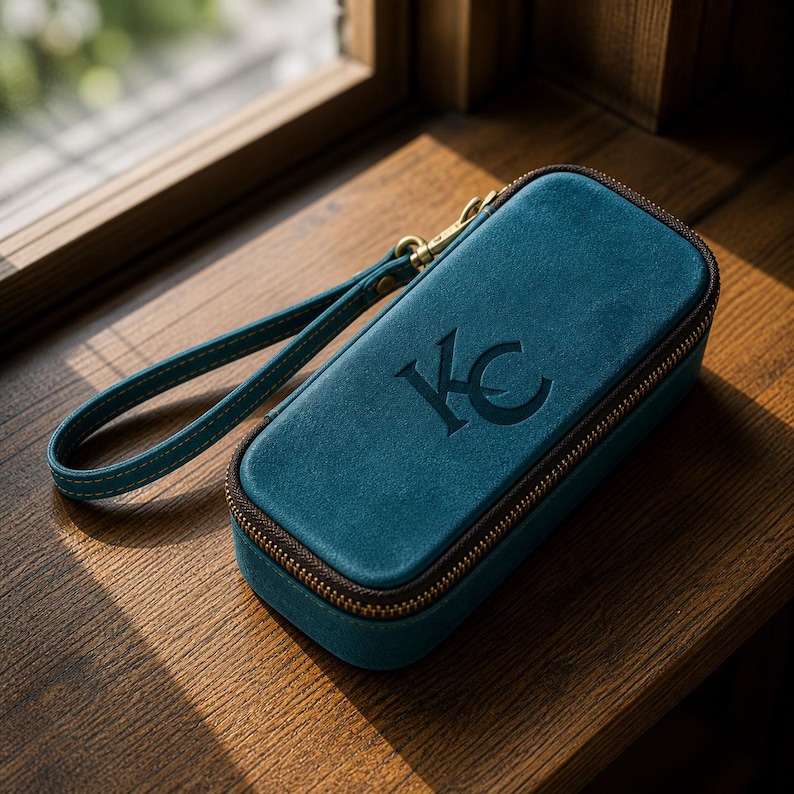 Puede incluir: Estuche con cremallera de color verde azulado con una correa de mu&ntilde;eca y herrajes dorados. El estuche presenta las iniciales "KC" en relieve en la parte delantera. La cremallera es marr&oacute;n y la correa es verde azulado con costuras a juego.