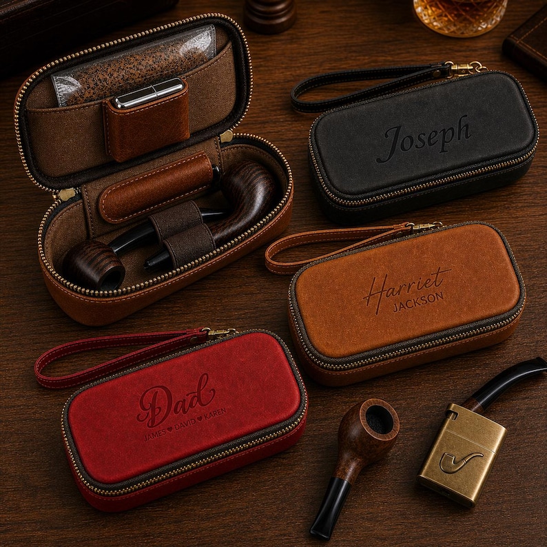 Puede incluir: Una variedad de estuches de cuero para pipas en marr&oacute;n, negro y rojo, algunos personalizados con nombres como "Joseph", "Harriet Jackson" y "Dad". Un estuche est&aacute; abierto, revelando una pipa y accesorios. Tambi&eacute;n se ven una pipa y un encendedor.