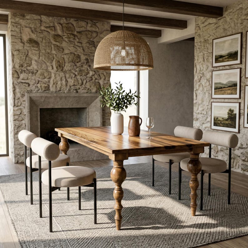 Puede incluir: Un juego de comedor con una gran mesa de madera con patas torneadas, rodeada de sillas tapizadas con marcos de metal negro. Una l&aacute;mpara colgante tejida cuelga sobre la mesa. Una chimenea de piedra es visible en el fondo.