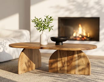 Mesa de centro ovalada Japandi de nogal para sala de estar.