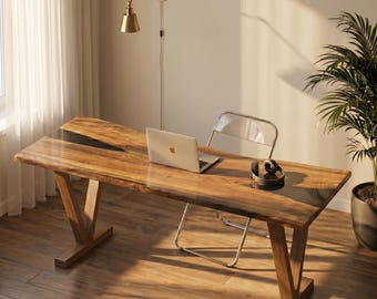Escritorio de oficina de nogal con borde natural, mesa de epoxi negro, escritorio para computadora, muebles de espacio de trabajo rústicos de granja.