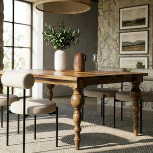 Puede incluir: Una mesa de comedor de madera con patas torneadas, rodeada de sillas tapizadas. Un jarr&oacute;n con vegetaci&oacute;n, una jarra y una copa de vino est&aacute;n sobre la mesa. La habitaci&oacute;n tiene una pared de piedra y pinturas de paisajes.