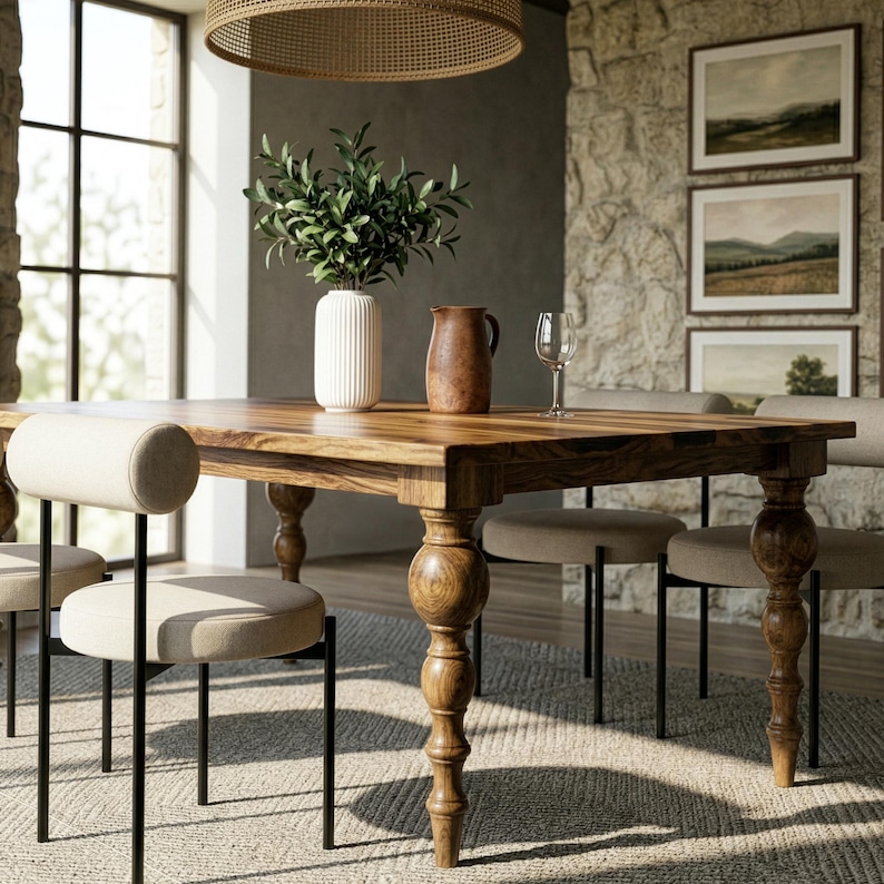 Puede incluir: Una mesa de comedor de madera con patas torneadas, rodeada de sillas tapizadas. Un jarr&oacute;n con vegetaci&oacute;n, una jarra y una copa de vino est&aacute;n sobre la mesa. La habitaci&oacute;n tiene una pared de piedra y pinturas de paisajes.
