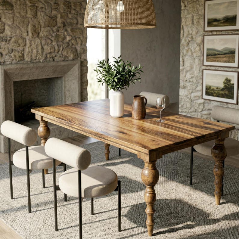 Puede incluir: Una mesa de comedor de madera con patas torneadas y acabado natural. Dos sillas con respaldos y asientos redondeados est&aacute;n colocadas a ambos lados. Un jarr&oacute;n con vegetaci&oacute;n, una jarra y una copa de vino est&aacute;n sobre la mesa. Una l&aacute;mpara tejida cuelga encima.