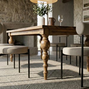 Puede incluir: Una mesa de comedor rectangular de madera con patas torneadas ornamentadas. La mesa est&aacute; rodeada de sillas tapizadas con patas de metal negro. Un jarr&oacute;n con vegetaci&oacute;n y una copa de vino est&aacute;n sobre la mesa. La habitaci&oacute;n tiene una paleta de colores neutros.