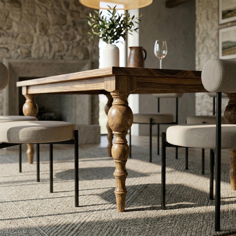 Puede incluir: Una mesa de comedor rectangular de madera con patas torneadas ornamentadas. La mesa est&aacute; rodeada de sillas tapizadas con patas de metal negro. Un jarr&oacute;n con vegetaci&oacute;n y una copa de vino est&aacute;n sobre la mesa. La habitaci&oacute;n tiene una paleta de colores neutros.