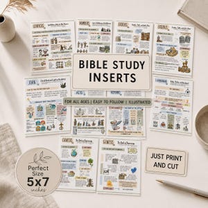 May include: A collection of illustrated Bible study inserts featuring various books of the Bible including Genesis, Exodus, Leviticus, Numbers, John, Acts, Romans, and 1 Corinthians. The sheets contain text, diagrams, and drawings. A label reads 5x7 inches.