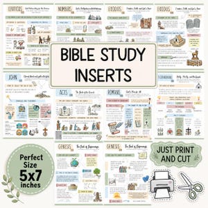 May include: A collection of Bible study inserts featuring illustrated summaries of books like Leviticus, Numbers, Exodus, John, Acts, Romans, 1 Corinthians, and Genesis. The pages include text, diagrams, and icons, with a 12.7 x 17.8 cm size label.