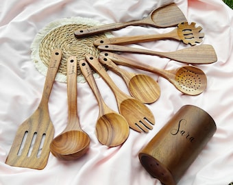 Personalized Wooden Utensil Set, Custom Engraved Cooking Tools