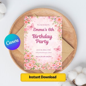 Può includere: Un biglietto d'invito rettangolare per una festa di compleanno con sfondo ad acquerello rosa tenue, bordi floreali rosa e due farfalle. Il testo recita: You Are Invited To Emma's 6th Birthday Party, JULY 20, 2026 | 5 PM, 45 Rosewood Avenue, Lahore, Join us for cake and fun!