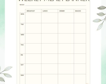 May include: A weekly meal planner with a soft green watercolor background and decorative leaf accents. The planner features a grid layout with sections for each day of the week, including breakfast, lunch, dinner, and snacks. The text "WEEKLY MEAL PLANNER" is at the top.
