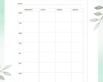 May include: A white weekly meal planner with a light green watercolor wash background and decorative leaf accents. The planner includes sections for each day of the week, with spaces for breakfast, lunch, dinner, and snacks. The text "WEEKLY MEAL PLANNER" is at the top.