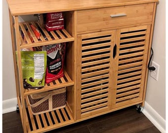 Carrito de cocina de bambú, carrito de servicio móvil con cajón, armario de almacenamiento de 2 puertas con ruedas para cocina y comedor.