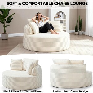 Puede incluir: Un chaise longue suave de color crema con un dise&ntilde;o redondeado. El chaise longue presenta un respaldo de almohada y dos cojines. El texto "SOFT & COMFORTABLE CHAISE LOUNGE" est&aacute; en la parte superior de la imagen.