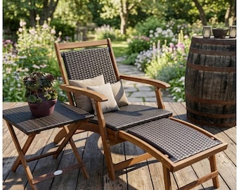 May include: A wooden outdoor recliner chair with a woven seat and footrest, accompanied by a small side table. The chair has a light brown frame and dark brown woven seating. Two beige pillows rest on the chair. A potted plant sits on the side table.