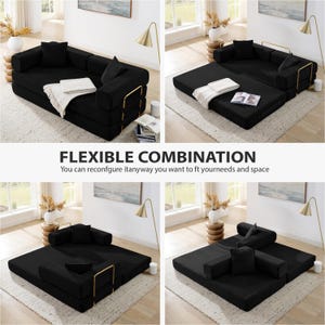 Puede incluir: Un sof&aacute; modular negro en m&uacute;ltiples configuraciones. El sof&aacute; tiene detalles met&aacute;licos dorados y viene con varias almohadas. Se muestra el texto "FLEXIBLE COMBINATION", junto con la frase "You can reconfigure itanyway you want to ft yourneeds and space."