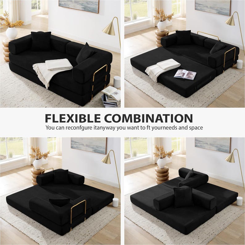 Puede incluir: Un sof&aacute; modular negro en m&uacute;ltiples configuraciones. El sof&aacute; tiene detalles met&aacute;licos dorados y viene con varias almohadas. Se muestra el texto "FLEXIBLE COMBINATION", junto con la frase "You can reconfigure itanyway you want to ft yourneeds and space."