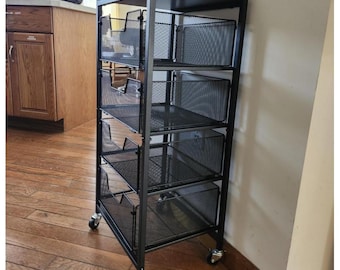 Carrito de cocina rodante de 4 niveles con cajones, carrito utilitario de metal con tapa de madera, ruedas con bloqueo, estante para almacenar frutas y verduras.