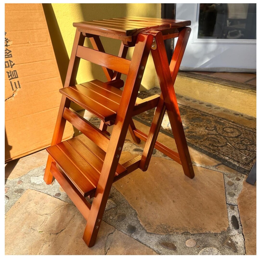 Solid Wood Folding Step Stool Ladder, 2 Tier Pine, 330lb Capacity ...