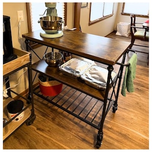 3-Tier Rolling Kitchen Island Cart with Wheels, Wood & Metal Kitchen Table with Storage Shelves, Pipe Legs, Lockable Casters for Dining Room