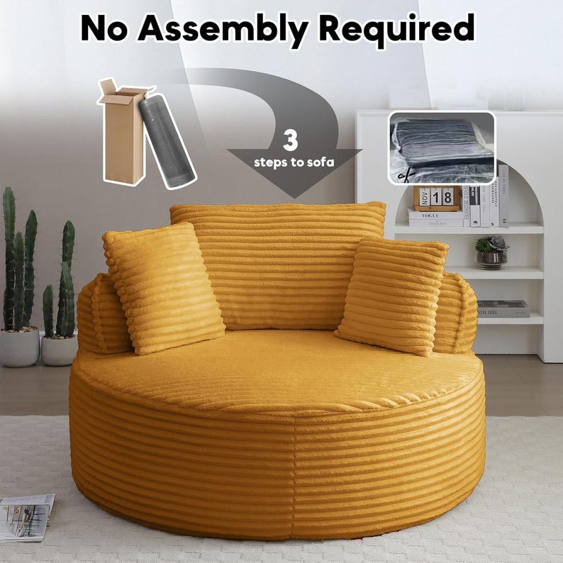 Sillón redondo extragrande, sofá nube de pana de 136 cm, sillón cama profundo sin estructura, chaise longue circular moderna para sala de estar o dormitorio. imagen 9