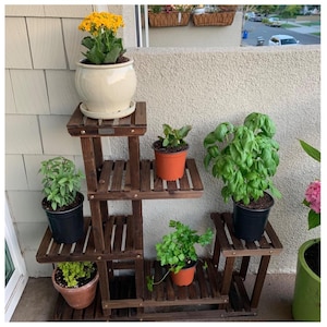 5 Tier Wooden Trapezoid Plant Rack, Carbonized Pine Indoor Outdoor Flowerpot Display Shelf
