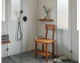 Teak Shower Chair with Backrest & Handles, 18.7” Waterproof Shower Bench, Non Slip Feet, Storage Shelf Bath Seat for Seniors