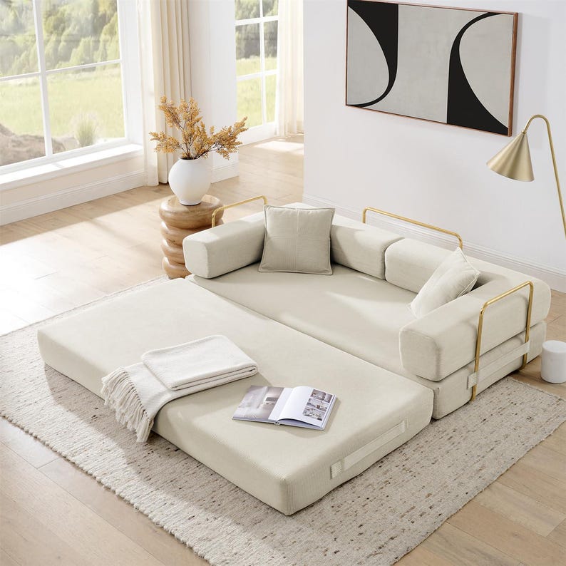 Sofá cama plegable convertible 4 en 1, sofá de suelo de pana de 198 cm con cama extraíble, sofá cama futón modular para sala de estar y dormitorio. Beige