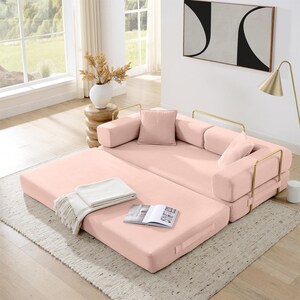 Sofá cama plegable convertible 4 en 1, sofá de suelo de pana de 198 cm con cama extraíble, sofá cama futón modular para sala de estar y dormitorio. Pink