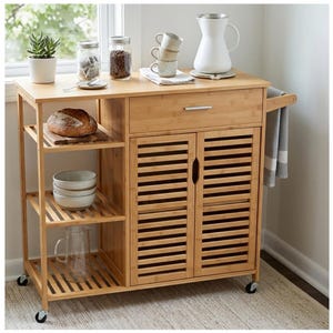 Bamboo Kitchen Island Cart with Drawer, Cabinet, Shelves, Towel Rack, Rolling Storage