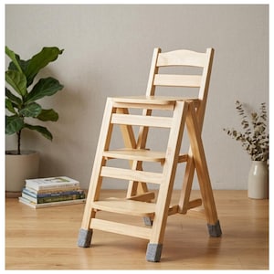 May include: A wooden step stool with a chair back. The light-colored wood step stool has three steps and gray foot protectors. The stool is designed to fold up for storage. The background includes a plant and books.