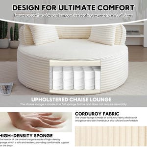 Puede incluir: Una chaise longue redonda de color crema con un exterior de tela de pana. El dise&ntilde;o incluye una vista seccionada que revela el interior de esponja de alta densidad y el sistema de muelles. El texto dice "DESIGN FOR ULTIMATE COMFORT".