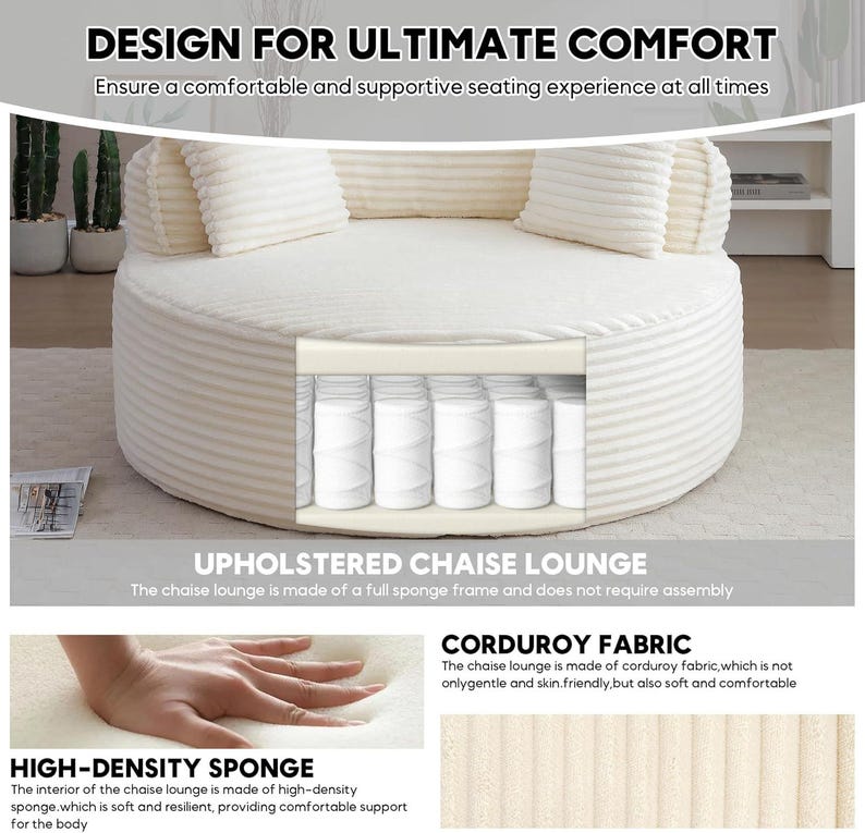 Puede incluir: Una chaise longue redonda de color crema con un exterior de tela de pana. El dise&ntilde;o incluye una vista seccionada que revela el interior de esponja de alta densidad y el sistema de muelles. El texto dice "DESIGN FOR ULTIMATE COMFORT".