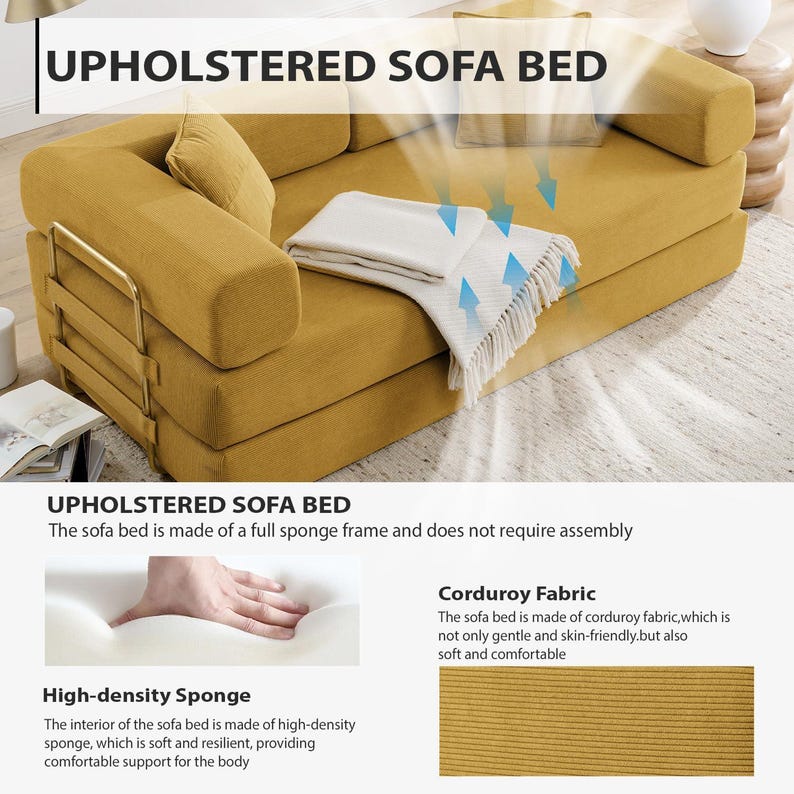 Sofá cama plegable convertible 4 en 1, sofá de suelo de pana de 198 cm con cama extraíble, sofá cama futón modular para sala de estar y dormitorio. imagen 15