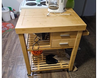 Carrito de cocina con isla rodante, cajones y estantes, carrito de preparación de alimentos de bambú, carrito de cocina con toallero y ruedas con bloqueo.