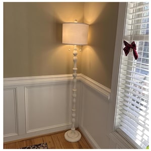 Natural Wood Floor Lamp, Farmhouse Style, Linen Shade, Dual Pull Chain (Bulbs Included)