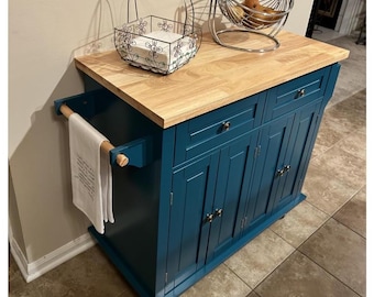 Rolling Kitchen Island Cart with Rubber Wood Top Drawers Adjustable Shelves KitchenCart on Wheels with Spice Rack Towel Rack for Dining Room