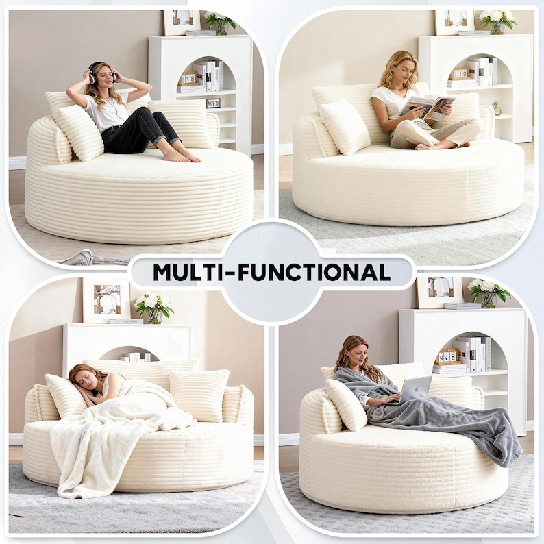 Puede incluir: Un sof&aacute; redondo multifuncional de color crema con textura de pana. El sof&aacute; tiene respaldo y varios cojines. La imagen muestra el sof&aacute; utilizado para diversas actividades, como leer y relajarse.