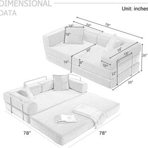 Sofá cama plegable convertible 4 en 1, sofá de suelo de pana de 198 cm con cama extraíble, sofá cama futón modular para sala de estar y dormitorio. imagen 3