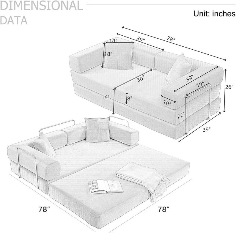 Sofá cama plegable convertible 4 en 1, sofá de suelo de pana de 198 cm con cama extraíble, sofá cama futón modular para sala de estar y dormitorio. imagen 3
