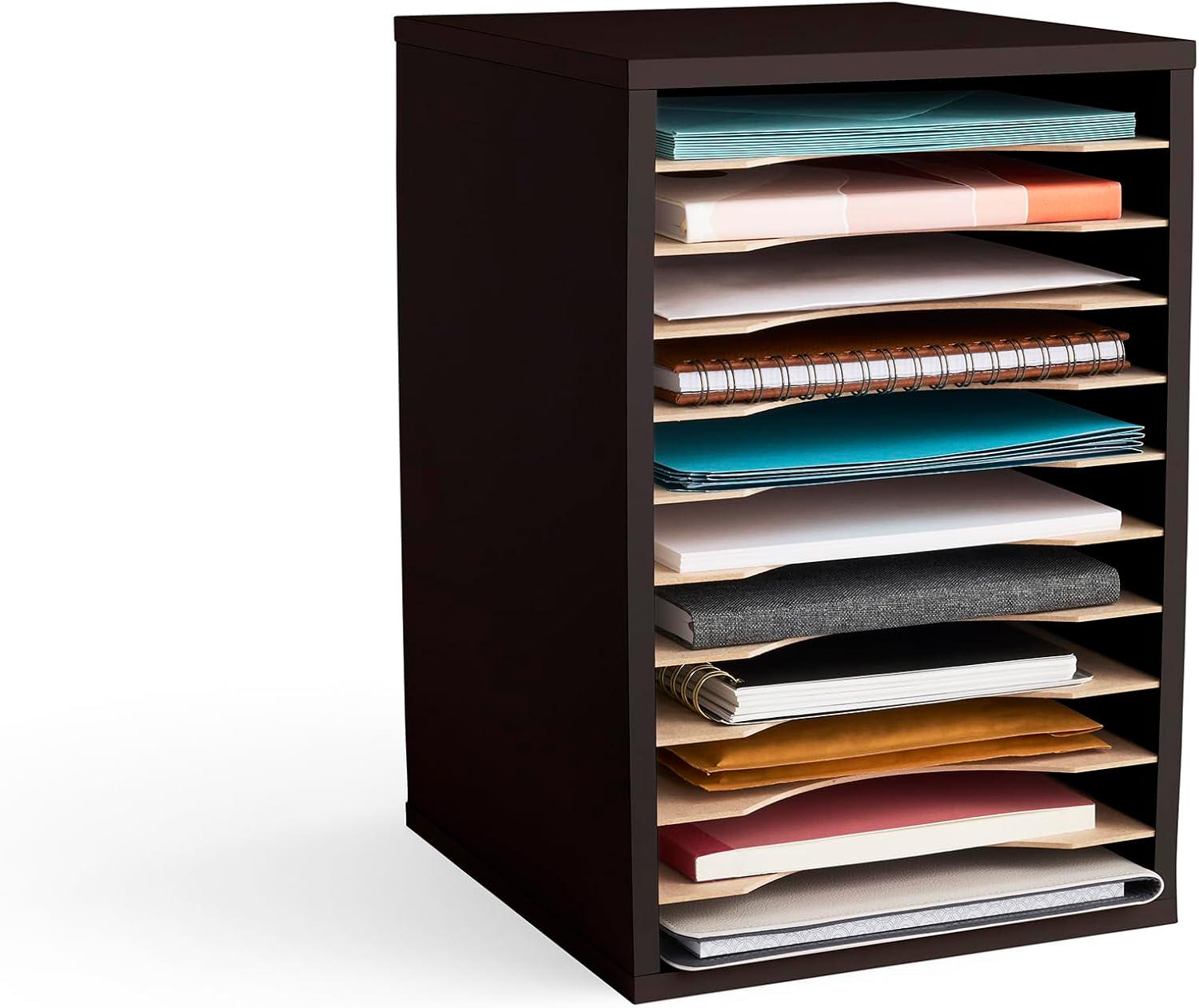 Paper Compartment Wooden Paper Organizer With 11 Adjustable Letter Size Compartments ...